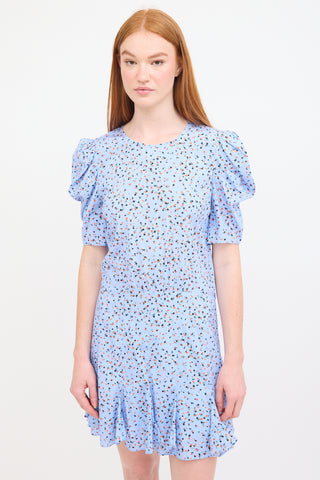 Veronica Beard Light Blue & Multi Silk Floral Puff Sleeve Dress