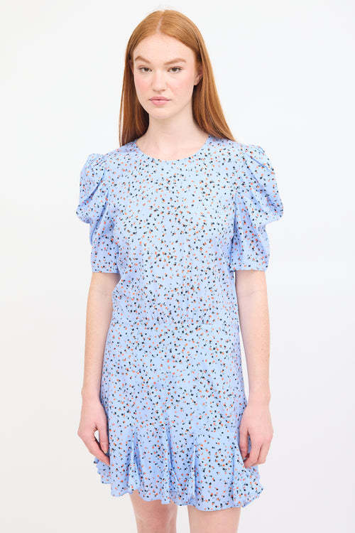 Veronica Beard Light Blue & Multi Silk Floral Puff Sleeve Dress