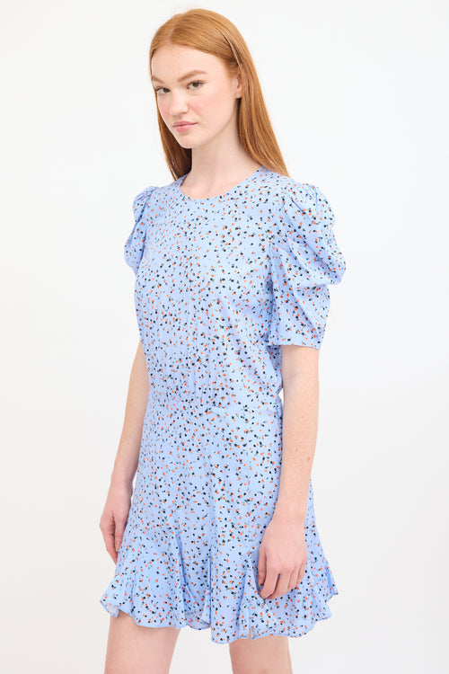 Veronica Beard Light Blue & Multi Silk Floral Puff Sleeve Dress