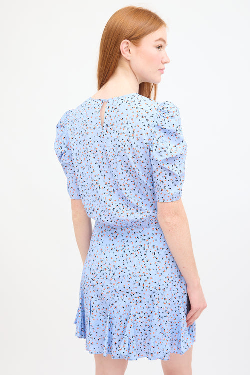 Veronica Beard Light Blue & Multi Silk Floral Puff Sleeve Dress