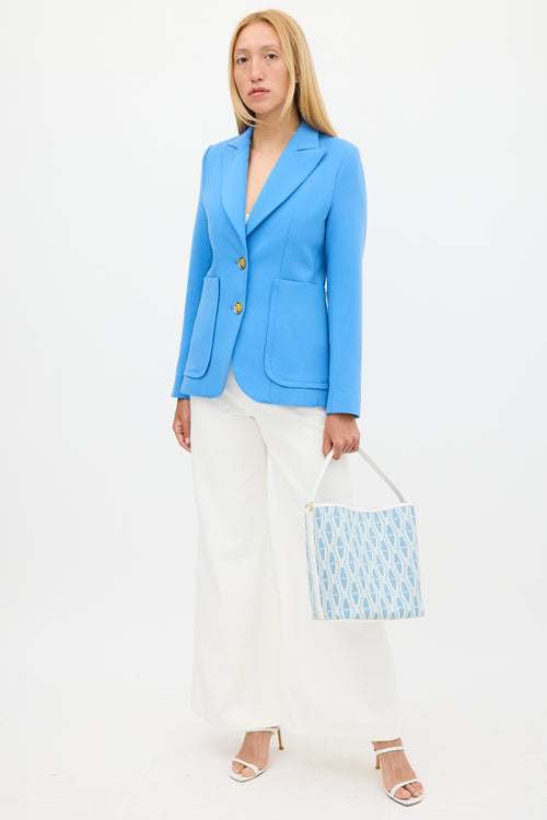 Veronica Beard Light Blue & White Denim & Leather V-Link Bucket Bag