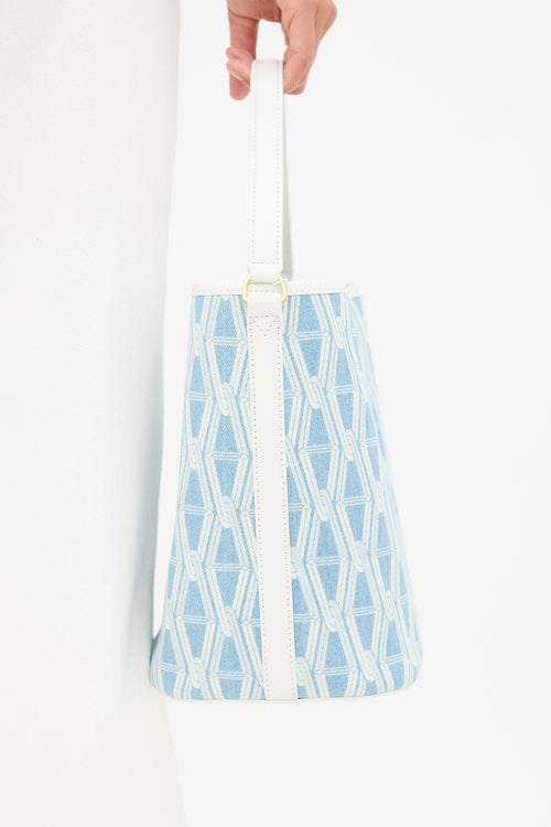 Veronica Beard Light Blue & White Denim & Leather V-Link Bucket Bag