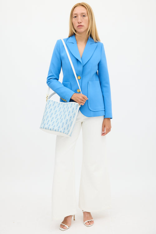 Veronica Beard Light Blue & White Denim & Leather V-Link Bucket Bag