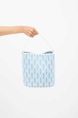 Veronica Beard Light Blue & White Denim & Leather V-Link Bucket Bag
