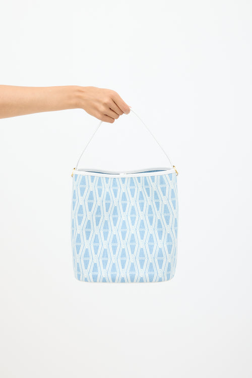 Veronica Beard Light Blue & White Denim & Leather V-Link Bucket Bag