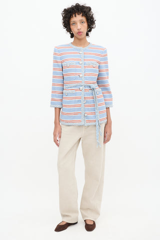 Veronica Beard Light Blue & Multicolour Striped Ginevra Braided Trim Blazer