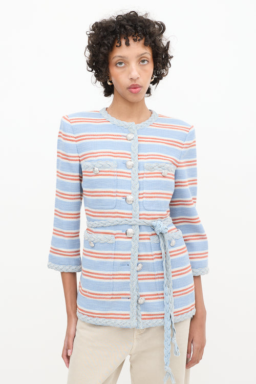 Veronica Beard Light Blue & Multicolour Striped Ginevra Braided Trim Blazer