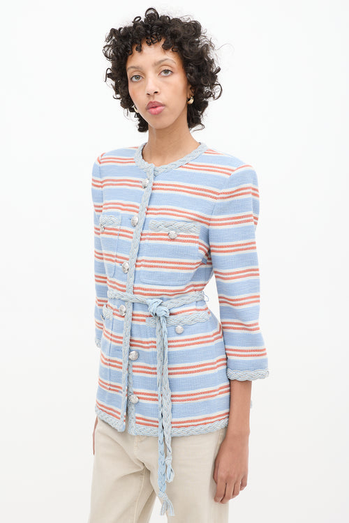 Veronica Beard Light Blue & Multicolour Striped Ginevra Braided Trim Blazer