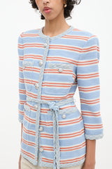 Veronica Beard Light Blue & Multicolour Striped Ginevra Braided Trim Blazer