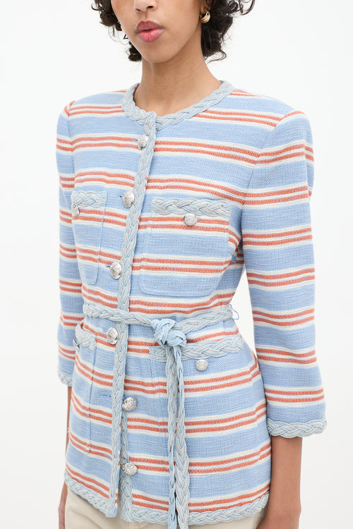 Veronica Beard Light Blue & Multicolour Striped Ginevra Braided Trim Blazer