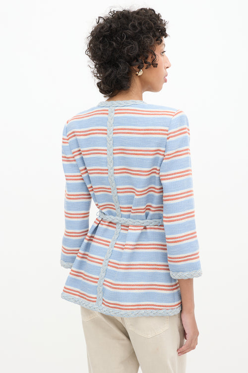 Veronica Beard Light Blue & Multicolour Striped Ginevra Braided Trim Blazer