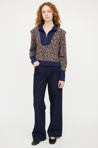 Veronica Beard Navy & Multicolour Floral Quarter Zip Sweater