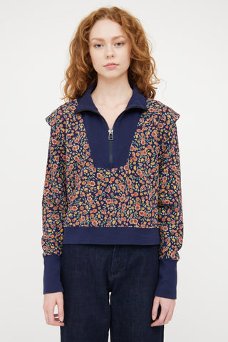 Veronica Beard Navy & Multicolour Floral Quarter Zip Sweater