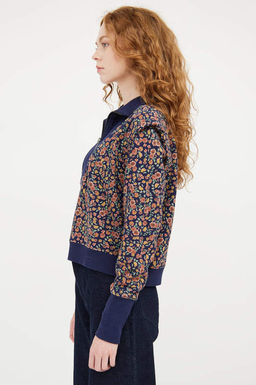 Veronica Beard Navy & Multicolour Floral Quarter Zip Sweater