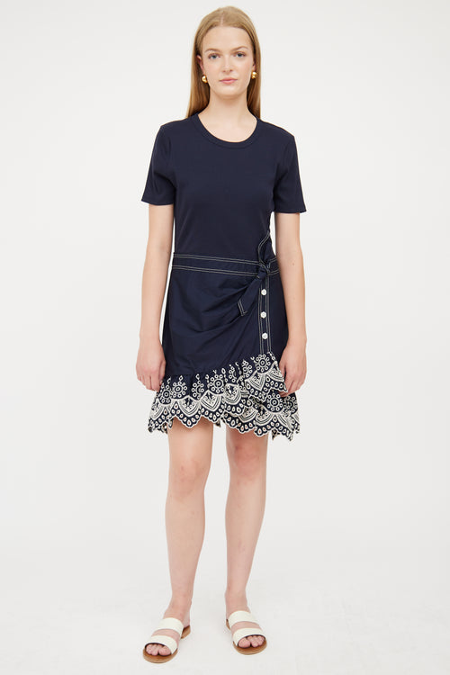 Veronica Beard Navy & White Detail Eyelet Dress