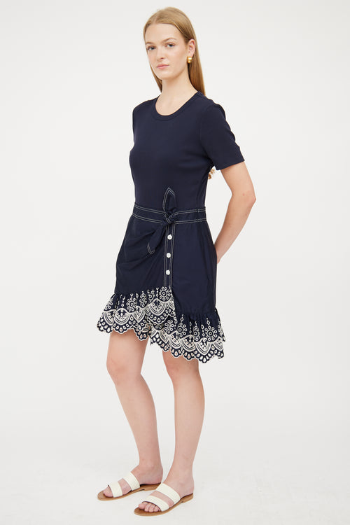 Veronica Beard Navy & White Detail Eyelet Dress