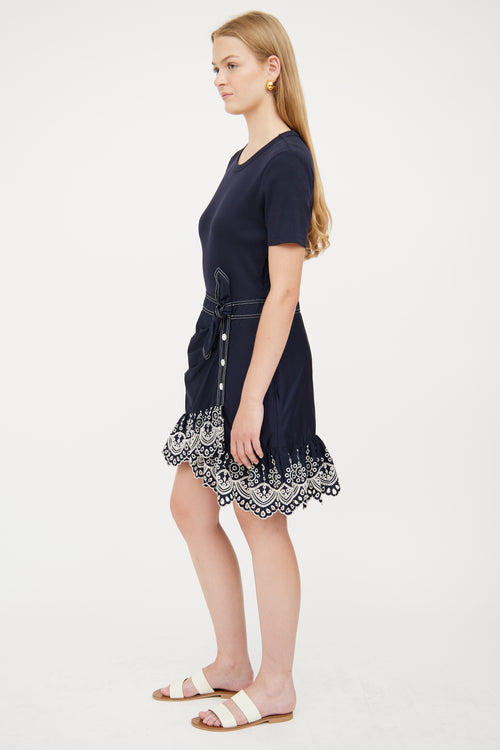 Veronica Beard Navy & White Detail Eyelet Dress