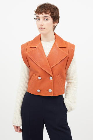 Veronica Beard Orange Leather Double Breasted Vest