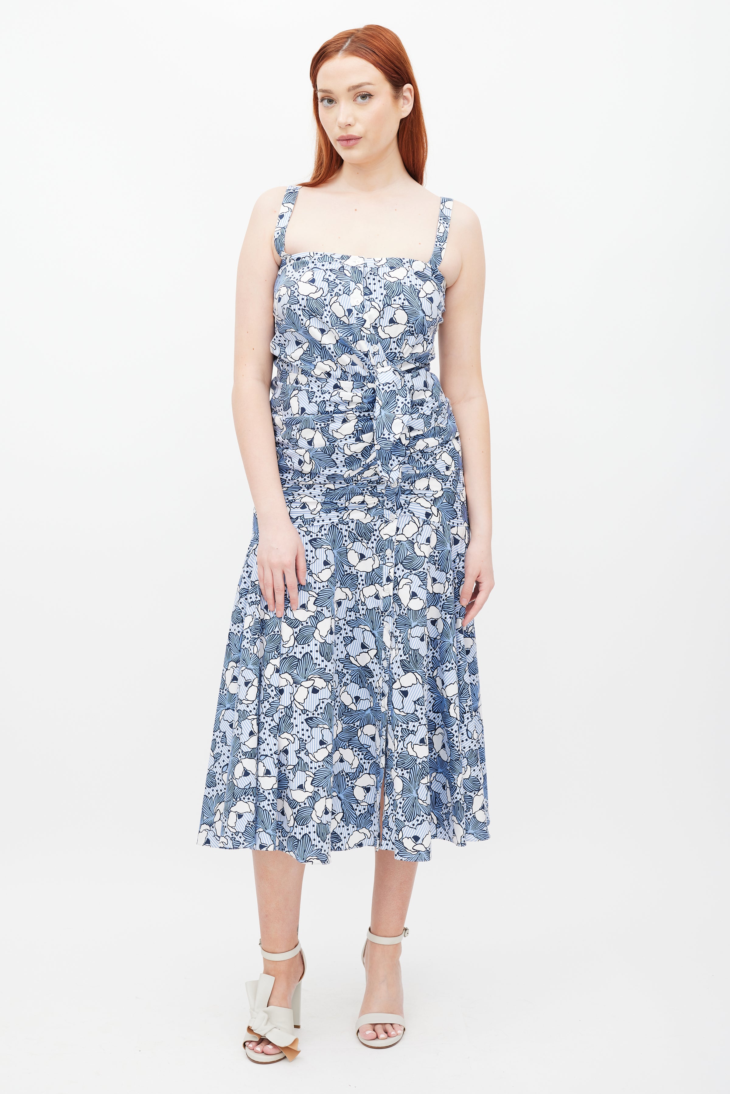 Veronica Beard // White & Blue Striped Folded Floral Dress VSP Consignment Veronica Beard // White & Blue Striped Folded Floral Dress VSP Consignment