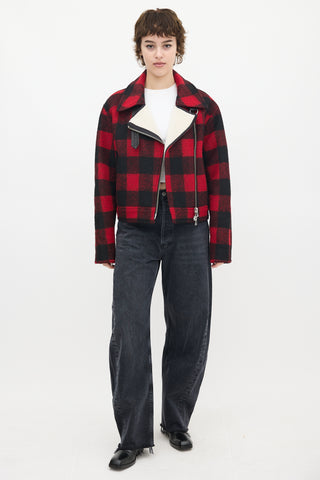 Veronica Beard Red & Black Wool Plaid Benni Moto Jacket