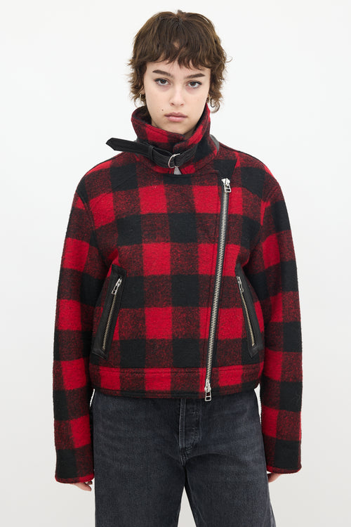 Veronica Beard Red & Black Wool Plaid Benni Moto Jacket