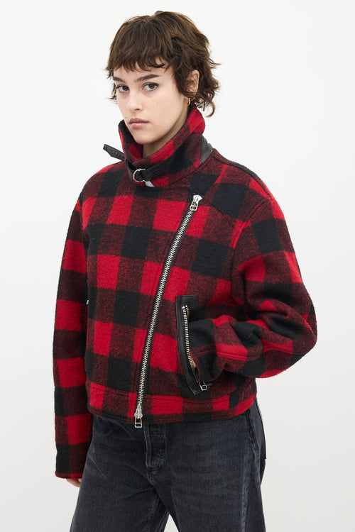 Veronica Beard Red & Black Wool Plaid Benni Moto Jacket