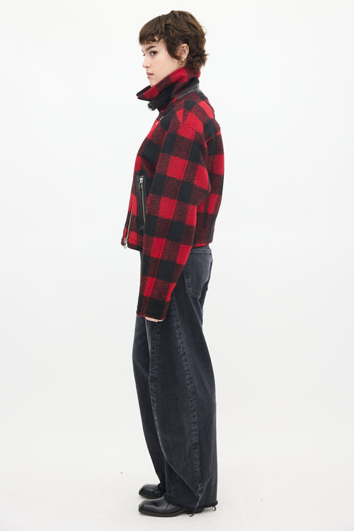 Veronica Beard Red & Black Wool Plaid Benni Moto Jacket