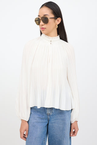 Veronica Beard White Pleated Long Sleeve Top