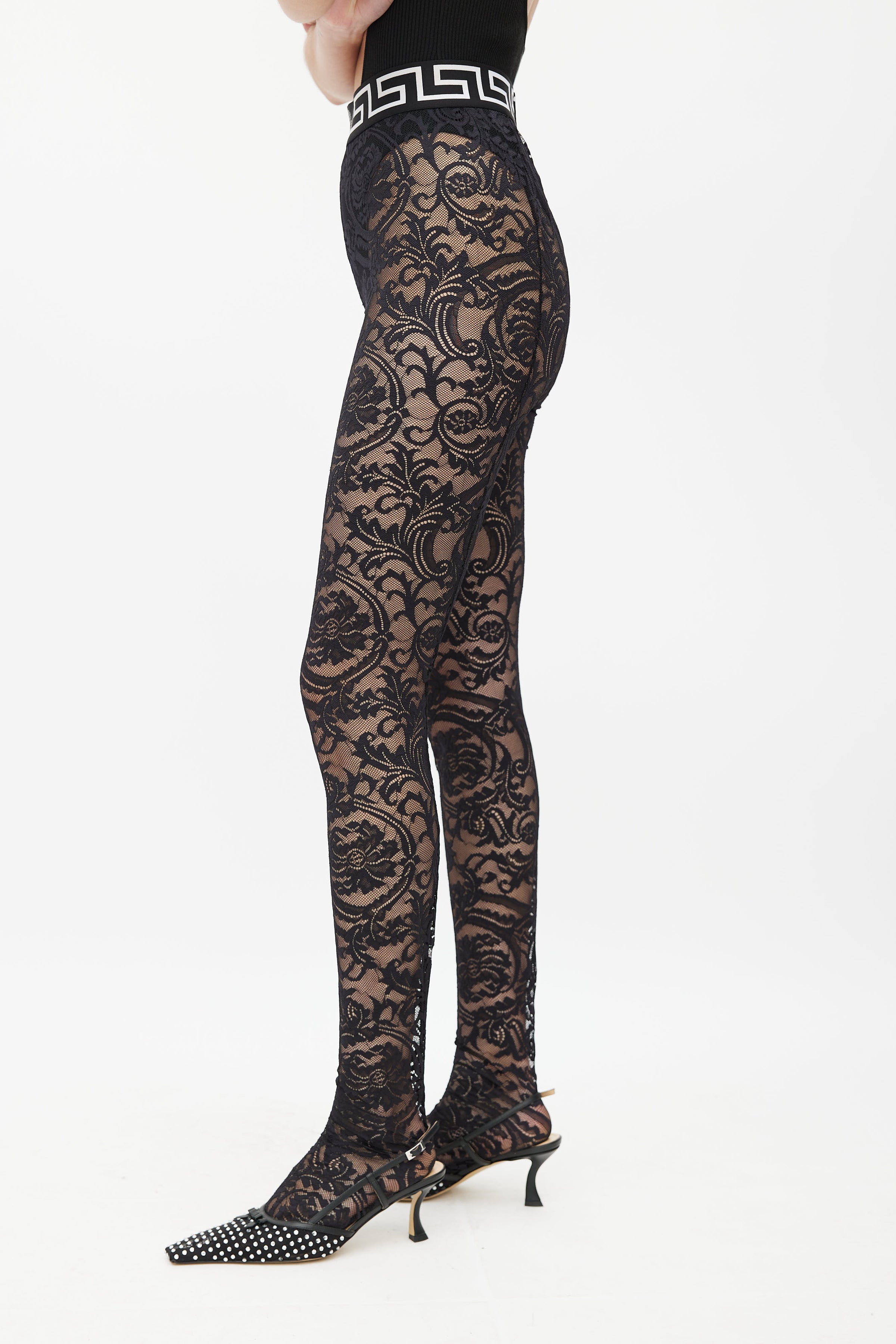 VERSACE WOMENS LACE PANELLED 2019 RUNWAY LEGGINGS SIZE 1 SMALL $900++