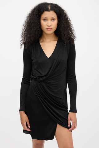 Versace Black Draped V-Neck Midi  Dress