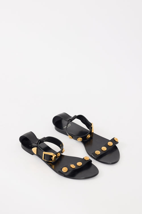 Versace Black & Gold Leather Medusa Embellished Sandal