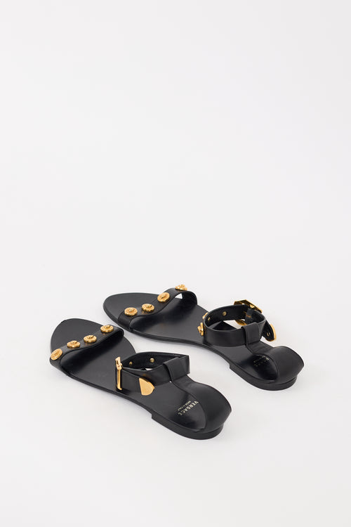 Versace Black & Gold Leather Medusa Embellished Sandal