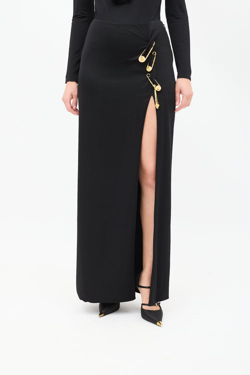 Versace Black & Gold Logo Safety Pin Maxi Skirt