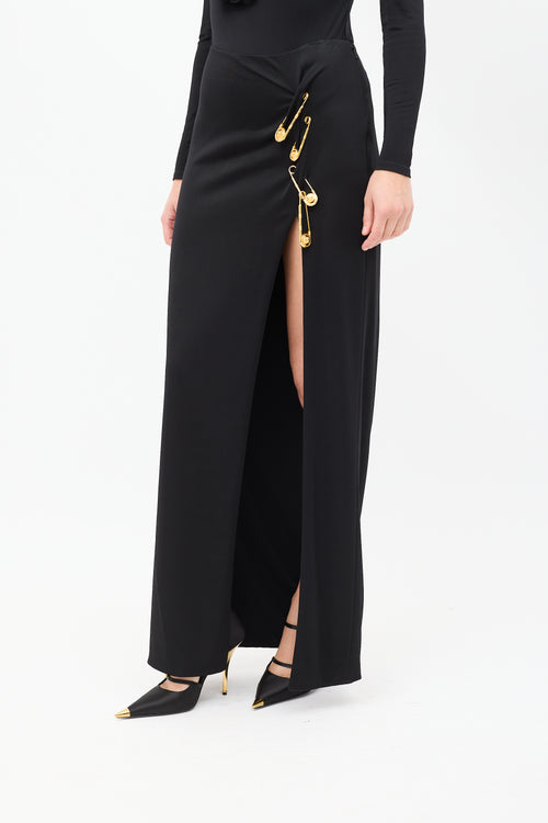 Versace Black & Gold Logo Safety Pin Maxi Skirt