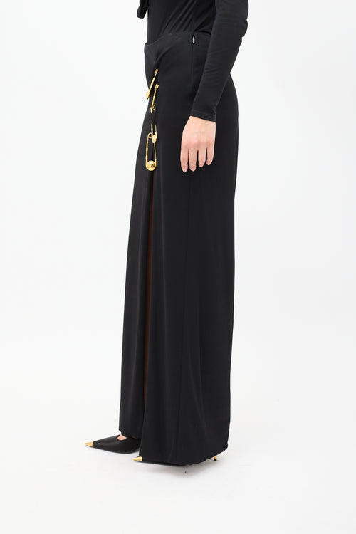 Versace Black & Gold Logo Safety Pin Maxi Skirt