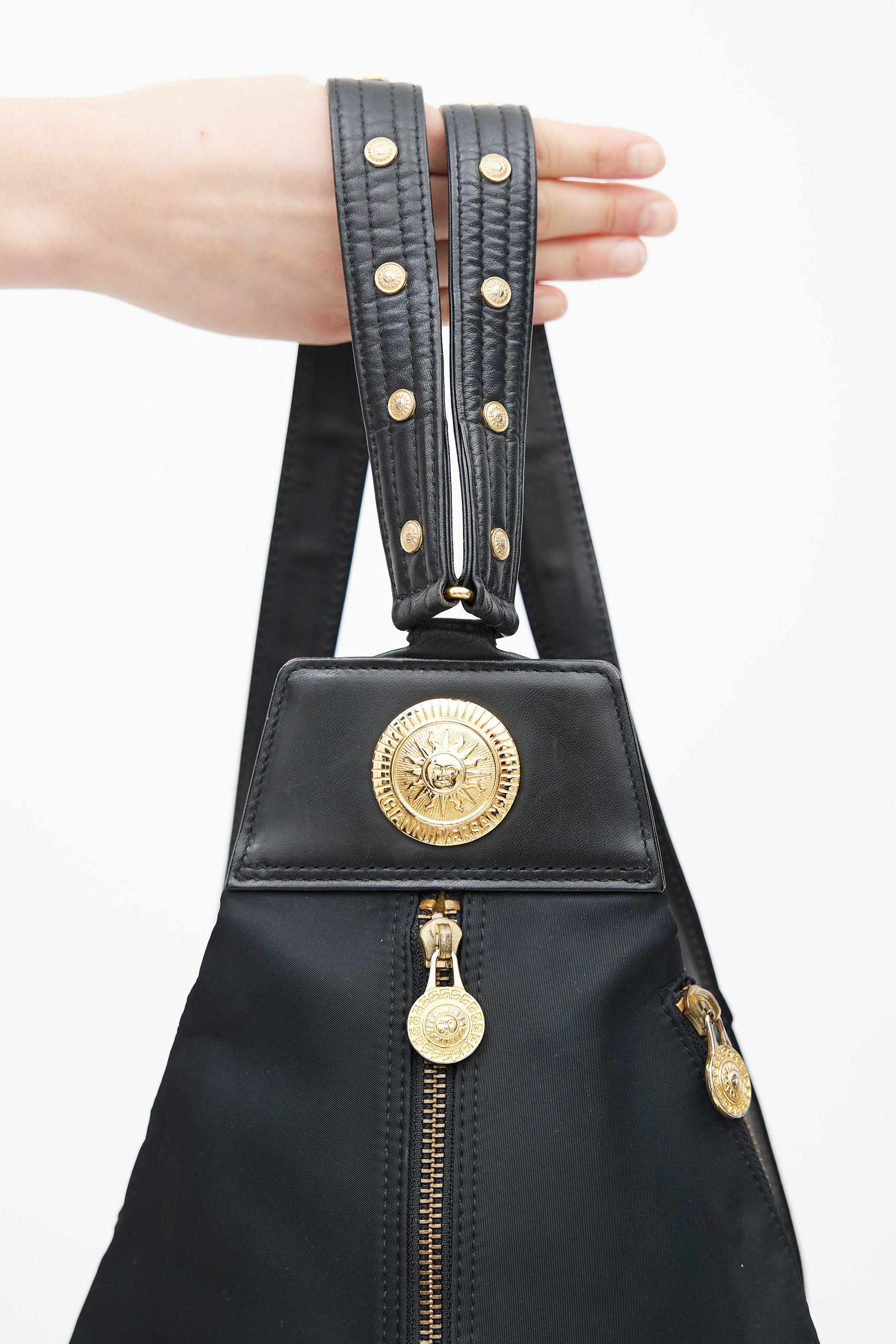 fake versace mini backpack Versace // Black & Gold Nylon Logo Backpack – VSP Consignment