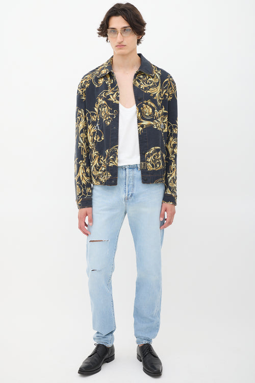 Versace Black & Gold Ornate Printed Denim Jacket
