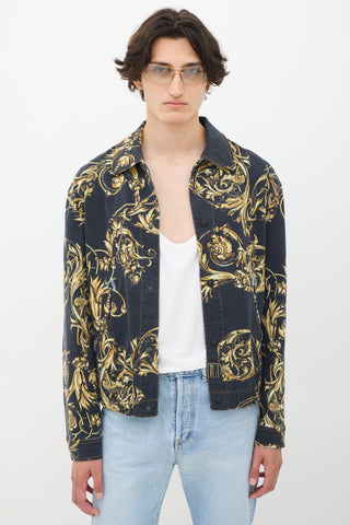 Versace Black & Gold Ornate Printed Denim Jacket