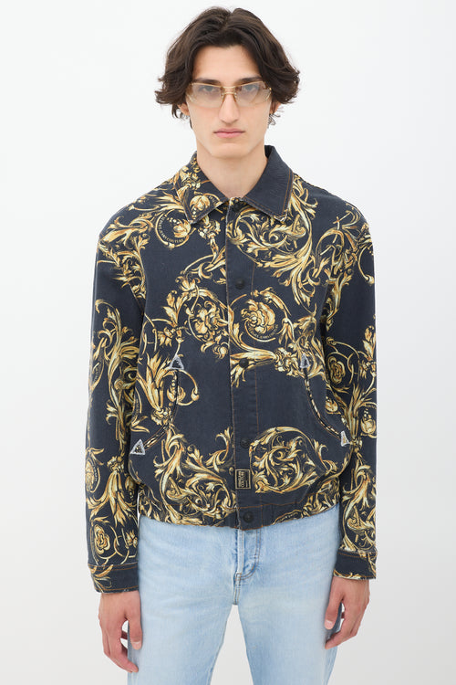 Versace Black & Gold Ornate Printed Denim Jacket