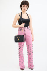 Versace Black Leather & Chain Virtus Logo Flap Crossbody Bag