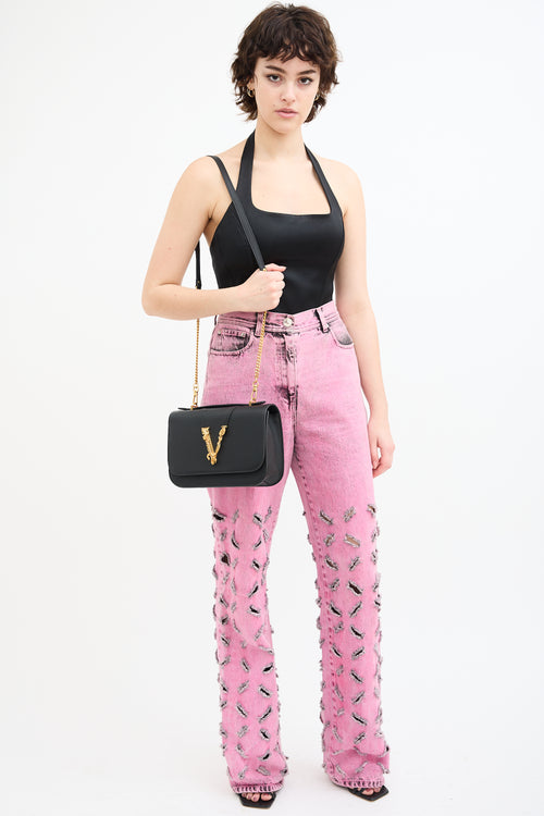 Versace Black Leather & Chain Virtus Logo Flap Crossbody Bag