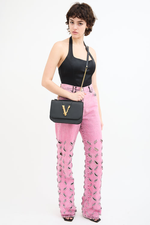 Versace Black Leather & Chain Virtus Logo Flap Crossbody Bag