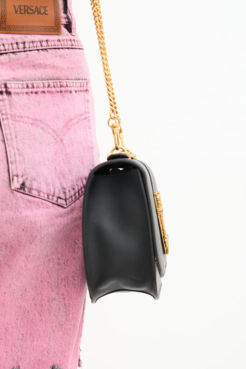 Versace Black Leather & Chain Virtus Logo Flap Crossbody Bag