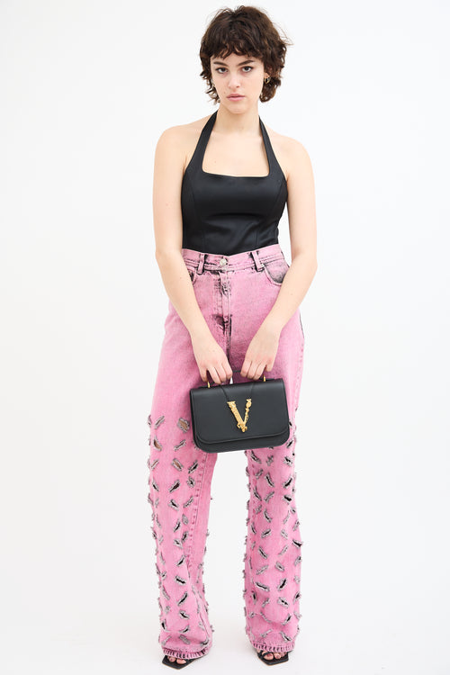 Versace Black Leather & Chain Virtus Logo Flap Crossbody Bag