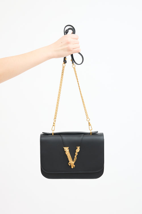 Versace Black Leather & Chain Virtus Logo Flap Crossbody Bag