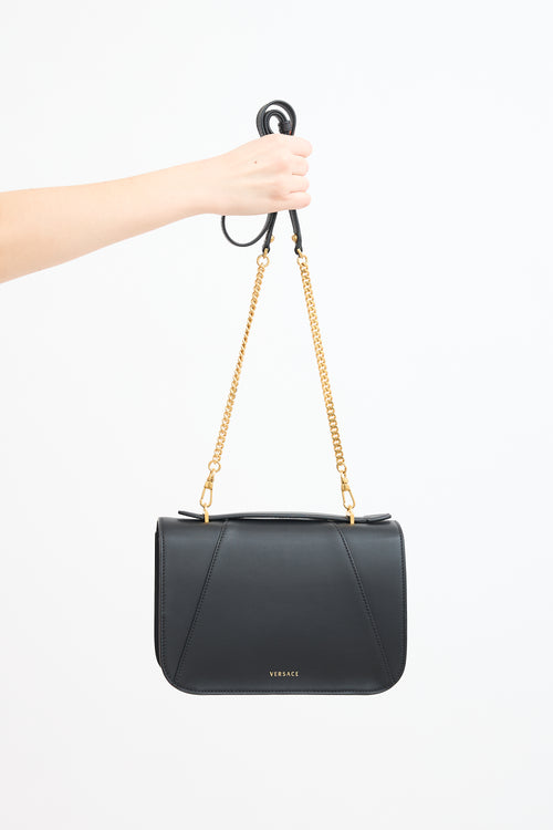 Versace Black Leather & Chain Virtus Logo Flap Crossbody Bag