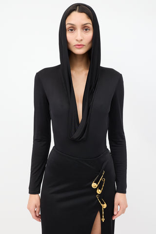 Versace Black Hooded Cowl Neck Bodysuit