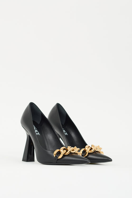 Versace Black Leather & Chain Embellished Pump