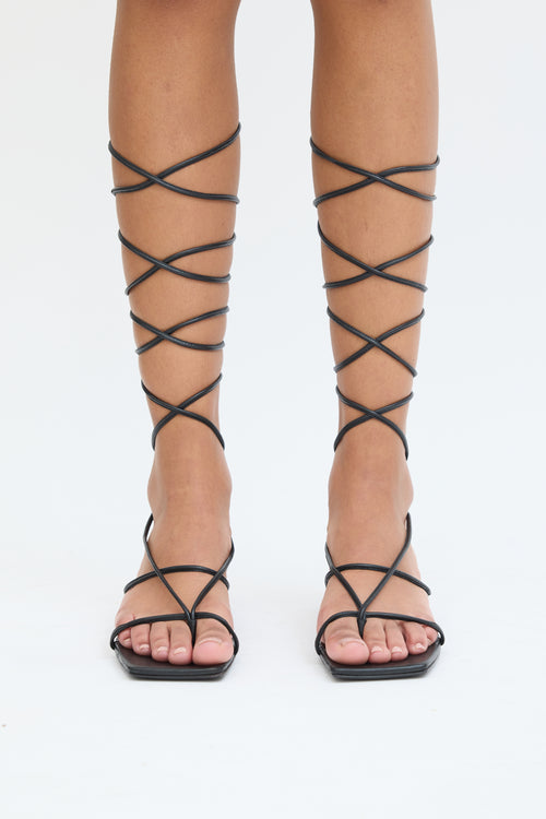 Versace Black Leather Lace Up Sandal