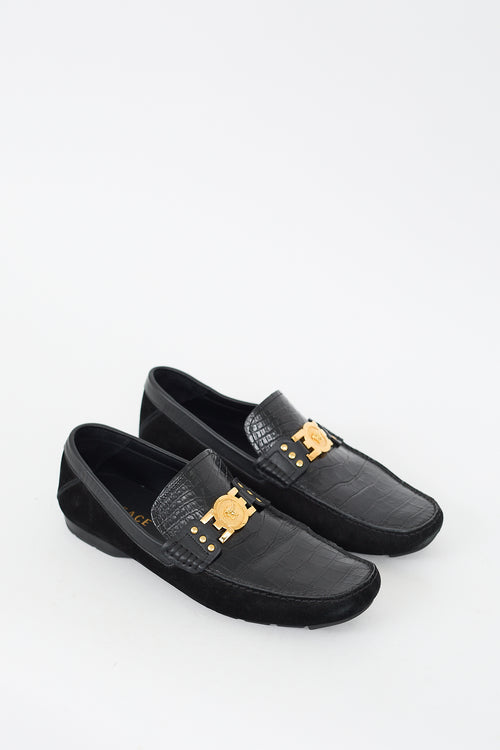 Versace Black Embossed Leather & Suede Medusa Loafer